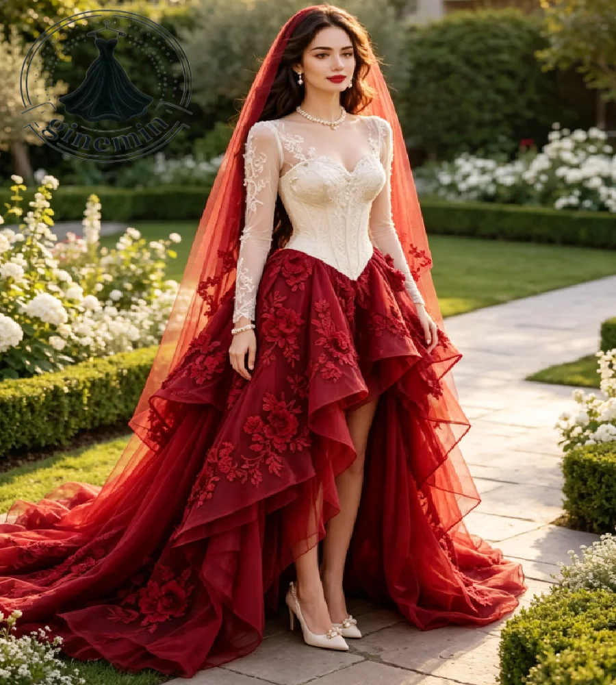Romantic Ivory Red Gothic Wedding Dress 2027 High Low Ruffled Tulle Skirt Medieval Celtic Bridal Gowns Vampire Costume Party