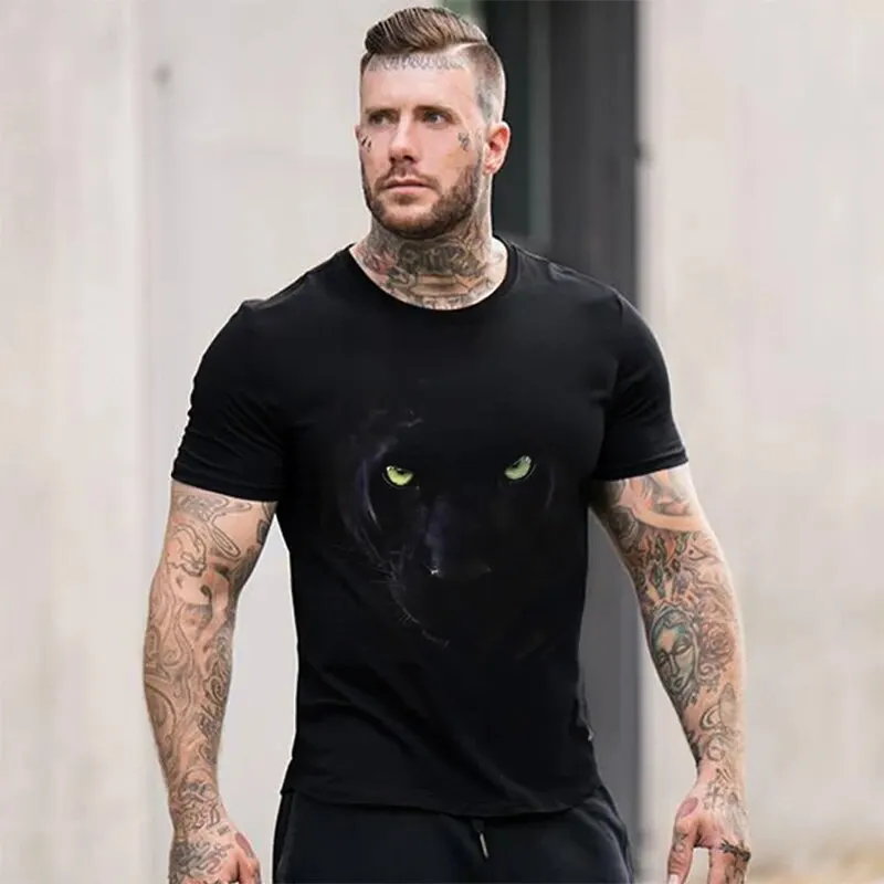 Summer New Men\'s Large Casual Short Sleeve T-Shirt Premium Sense Pullover Round Neck 3D Digital Panther Print Street Outdoor Top