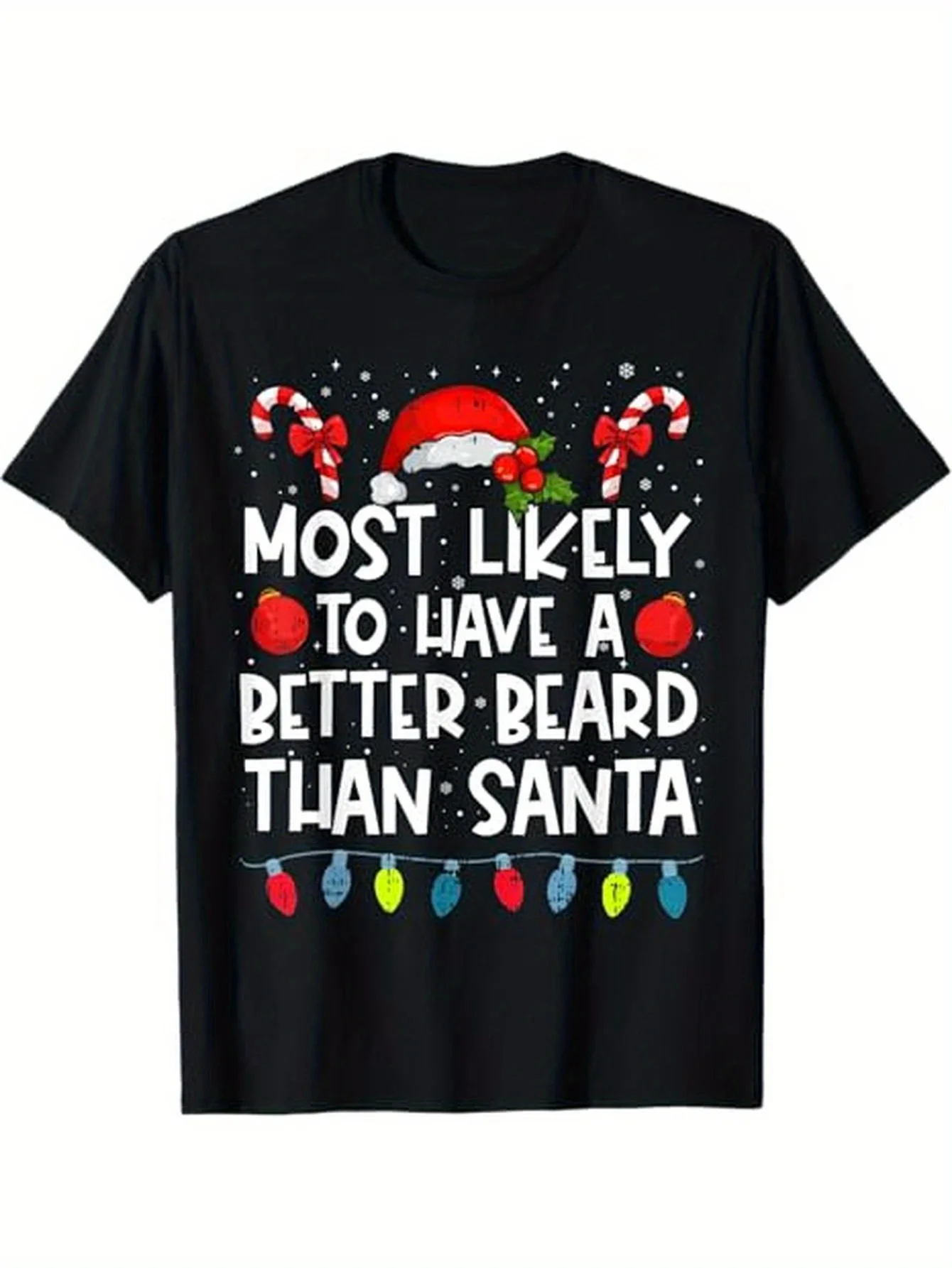 

Unisex "Most Likely to Pet The Reindeer" Christmas Tee, 100% Cotton Black, Santa Hat/Candy Canes, S-XXXL Family Wear