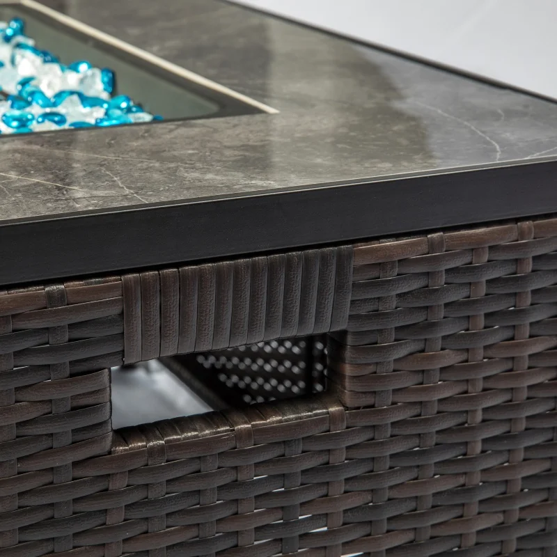 Propane Tabletop Fireplace Square Decorative Metal Fireplace with Wicker Base for Outside Patio Deck