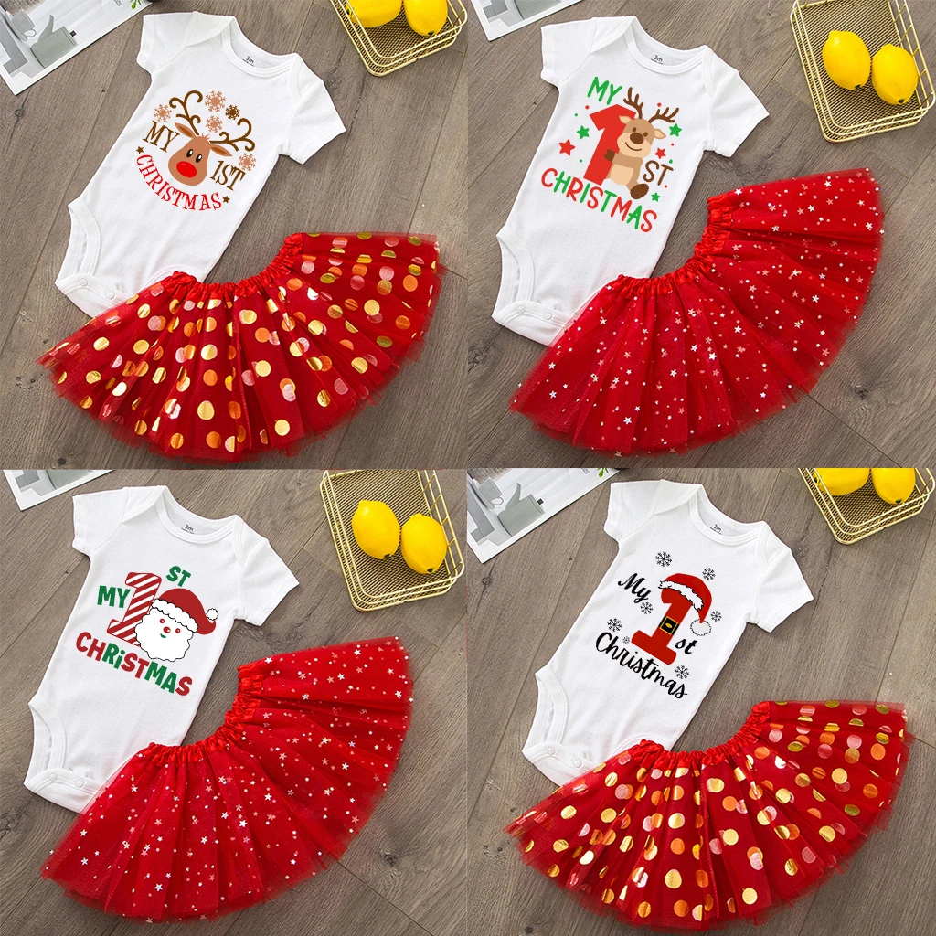 My 1st Christmas Baby Bodysuit Dresses Set Infant Girls Short Sleeve Jumpsuit Tutu Skirts Clothes Toddler Girl Xmas Party Outfit