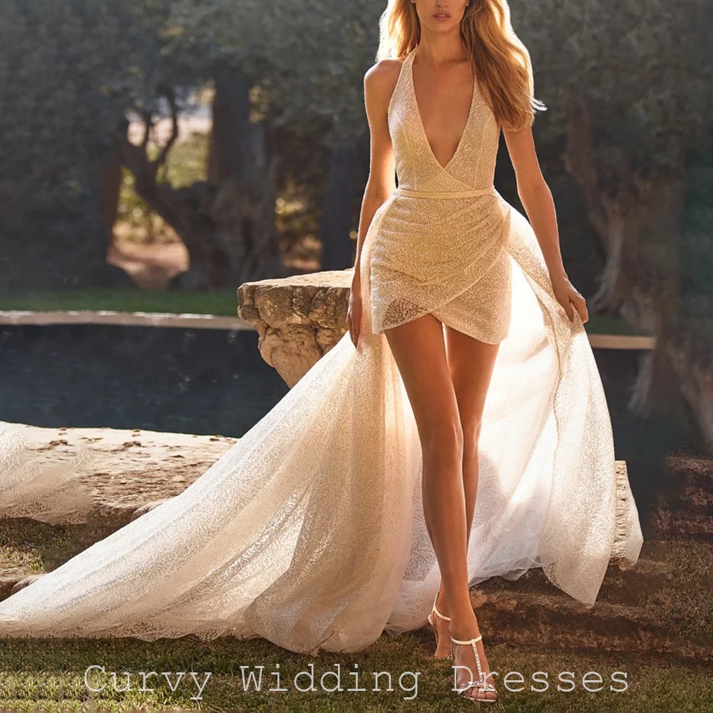 Curvy Luxury Glitter Halter Neck Deep V-Neck Wedding Dress Backless Short Bodice   Customized for Women  outdoor wedding 2026