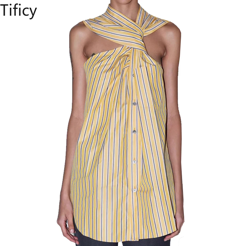 

TIFICY Temperament Commuting Style Sleeveless Shirt Women's New Niche Design with Twisted Stripe Print Casual Tank Tops