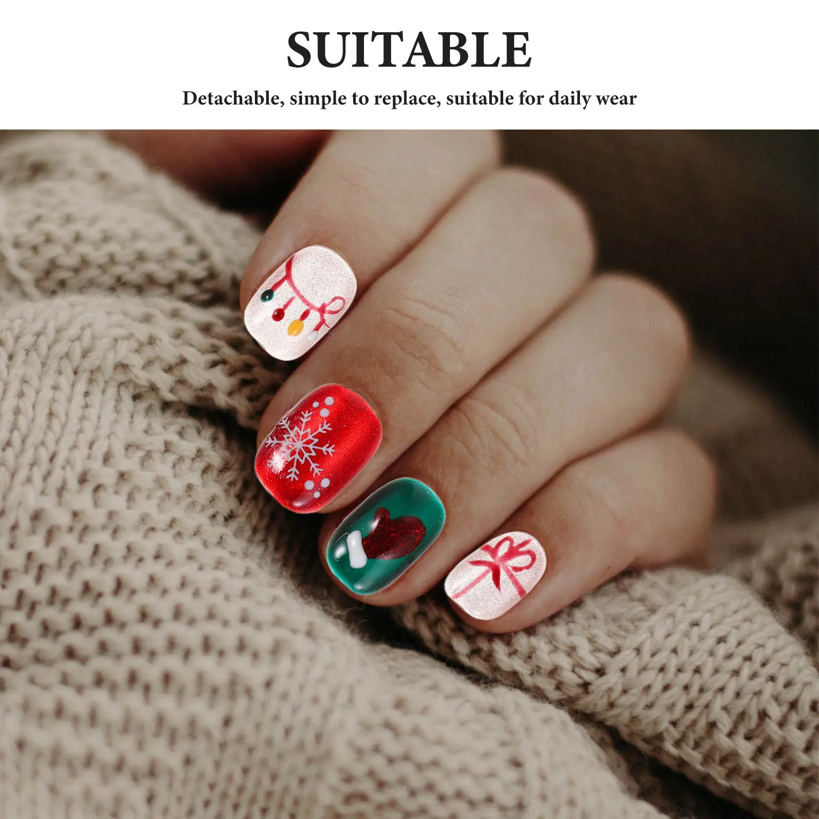 1Set Christmas Press on Nails Short Press on Nails Snowflake Snowman Candy Cane Tree Design Holiday Festive Manicure