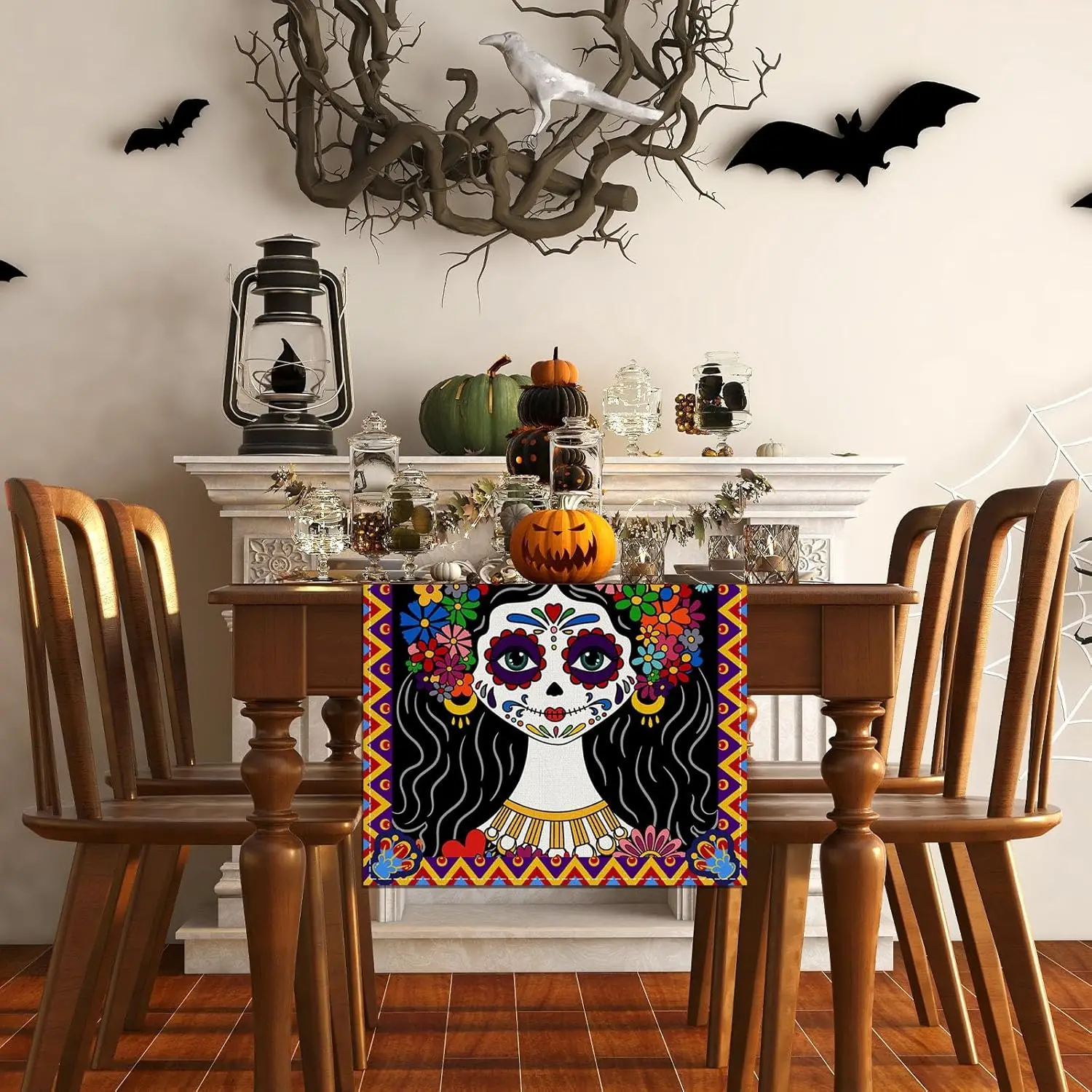 Mexican Day of The Dead Sugar Skull Linen Table Runners Dresser Scarf Decor Washable Dining Table Runners Party Decorations