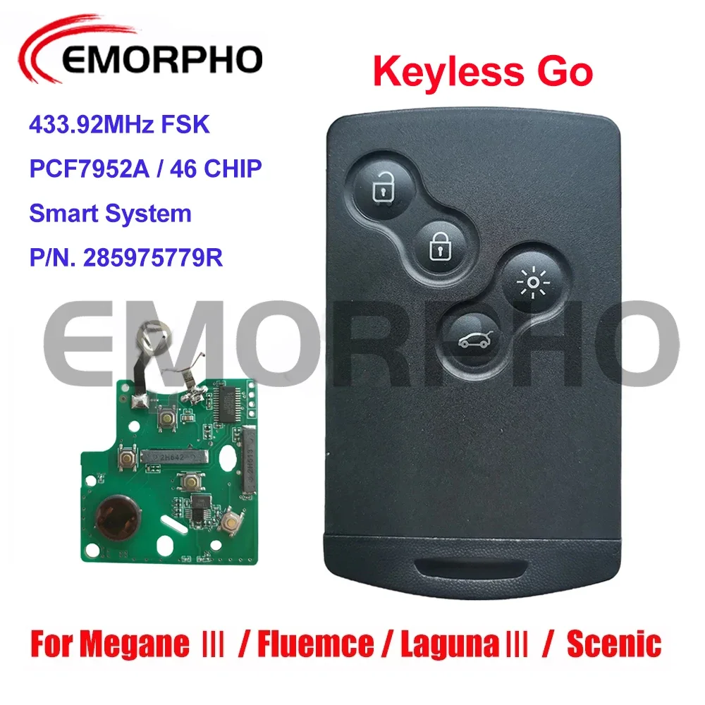 EMORPHO 285975779R Keyless Smart Car Key 433MHz PCF7952A Hands Free For 2009 - 2015 Renault Megane III Fluence Laguna III Scenic