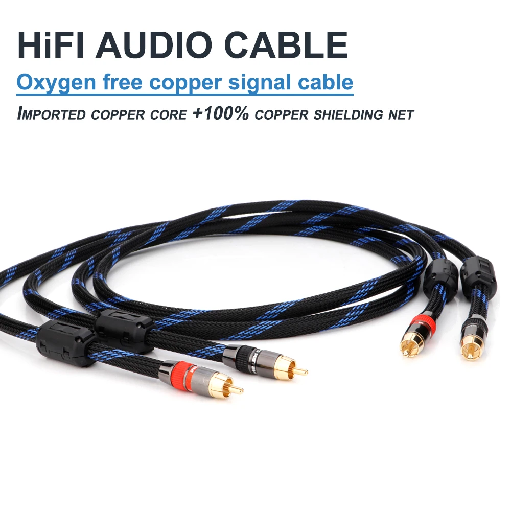 Hi-Fi Fine Magnetic Ring RCA Cable OFC 2RCA-2RCA Male to Male Audio Cablemain shield Gold Plated Connector Plug For CD Amplifier