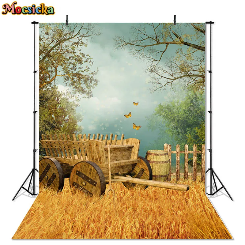 

Wheat Field Natural Landscape Backdrops For Photography Wooden Wheeled Cart Barrel Harvest Background Farmland Photo Booth Props