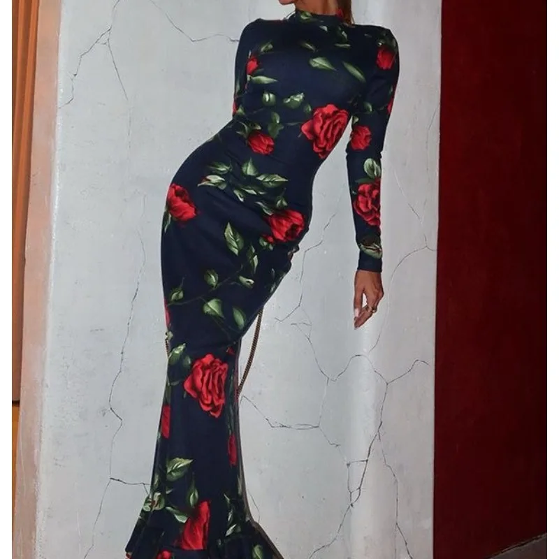 

Sexy Spice Girls Pure Desire Fashion Printing Design Waist Skinny Long Sleeve Hip Wrap Fishtail Skirt Women