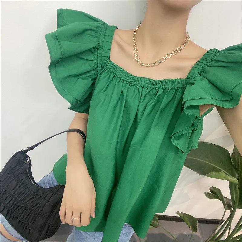 Women candy colors Ruffle Blouse 2024 Summer Butterfly Sleeve Shirt Elegant Office Lady Tops Blusa korean streetwear camisas