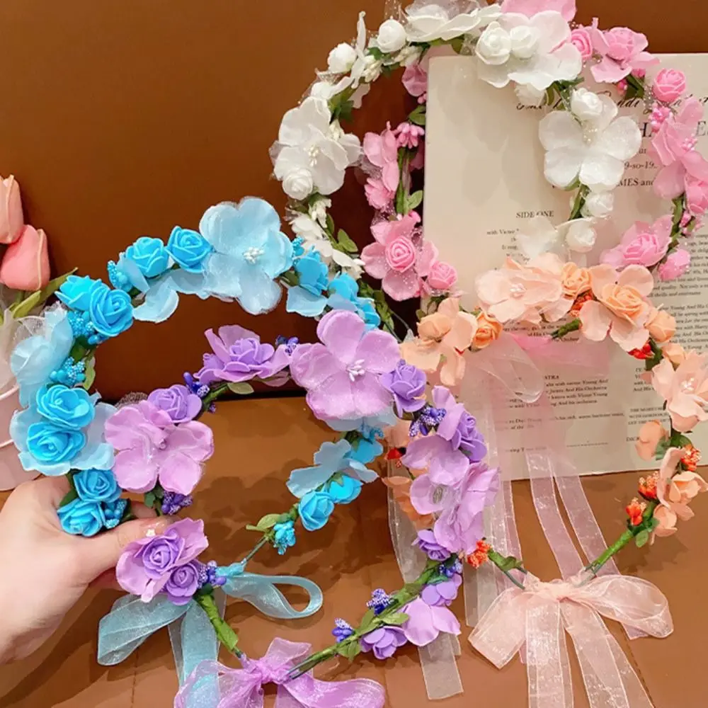 Exquisite Simulation Flower Floral Garland Mesh Hair Hoop Children Flower Headband Headwear Hair Ornaments Bridal Crown Headress