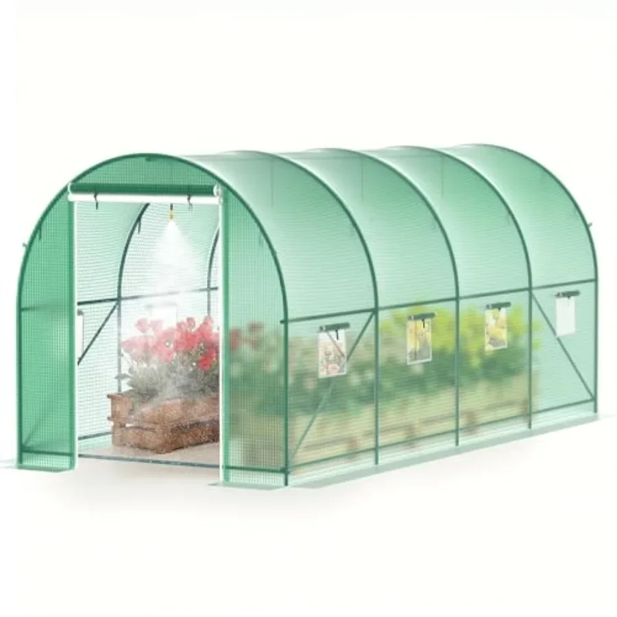 Outdoor walk-in greenhouse, PE cover heavy duty frame, green, 7 ft height with watering system, 8 ventilated screen windows and