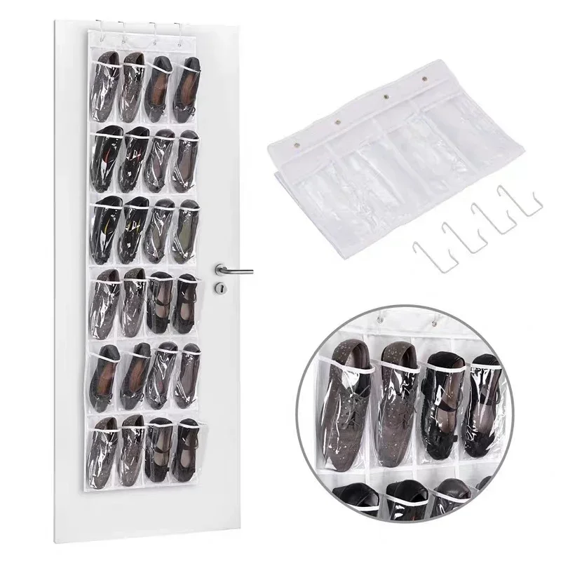 24 Grids Wall-mounted Sundries Shoe Organiser Fabric Closet Bag Storage Rack Mesh Pocket Clear Hanging Over The Door Cloth Box