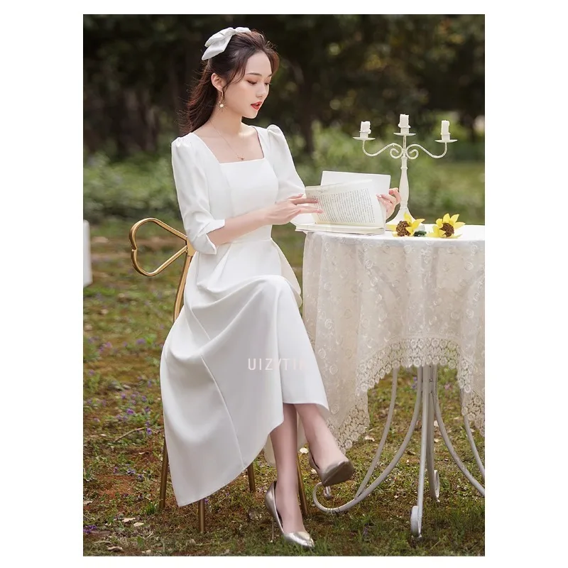 White Simple Light Wedding Dresses for Bride Elegant Square Neck Midi Prom Evening Guest Party Women Summer Formal Vestidos