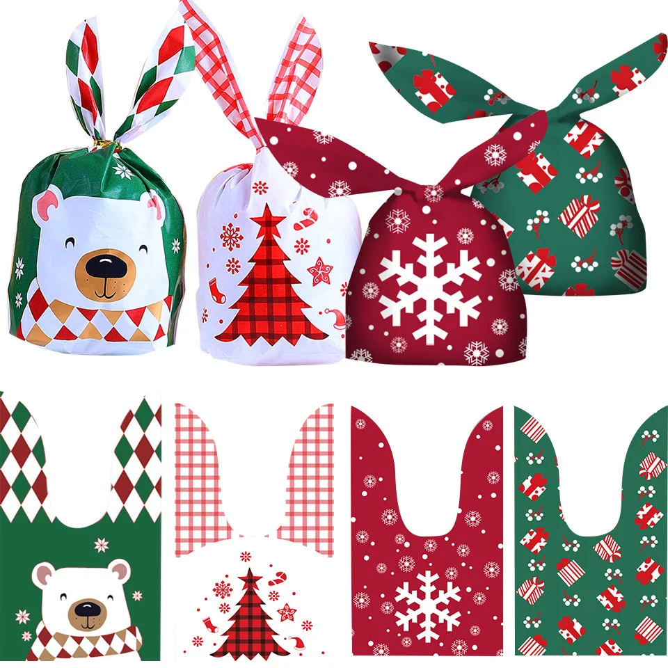 10/20pcs Rabbit Ear Christmas Candy Bags Plastic Carton Santa Claus Snowman Candy Bags For Xmas Cookies Gifts Packing Supply