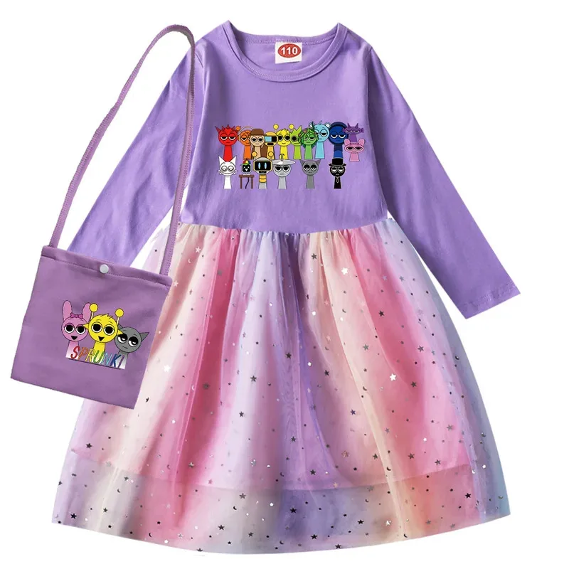 

l2025l Милое платье с героями мультфильмов на Хэллоуин, детские повседневные платья с длинными рукавами и маленькая сумка для маленьких девочек, свадебная вечеринка, блестки, рождения