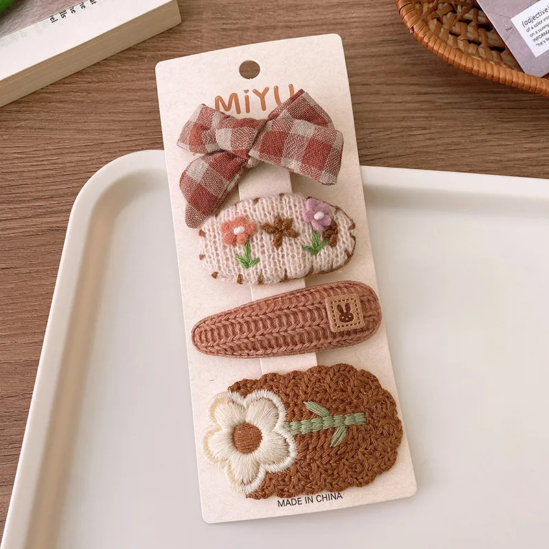 4 Teile/los Kaffee Farbe Stoff Plüsch Bogen Haar Clips Für Mädchen Blume Haarnadeln Kinder Süße BB Clip Gestreiften Haarspangen Haar dekoration – Detail 8