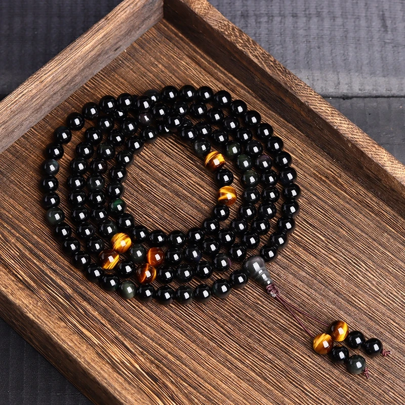 Natural Black Obsidian Tiger Eye 108 Mala Beads Handmade Yoga Meditation Lucky Jewelry Necklace Bracelet for Men Women