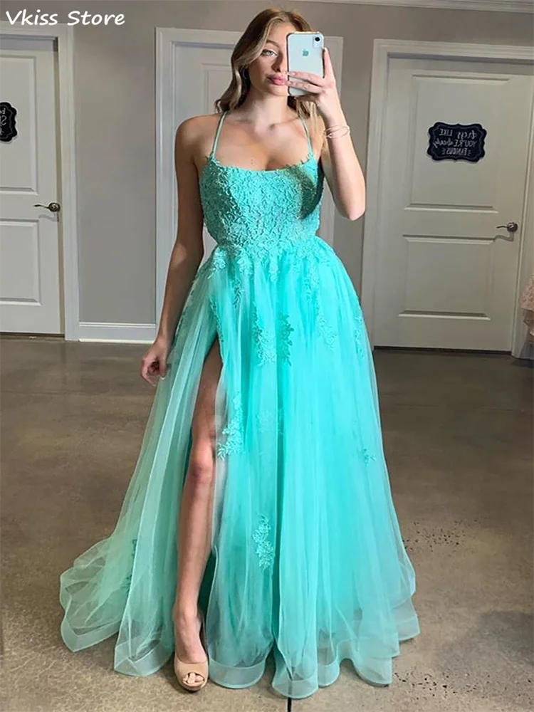 Tulle A-line Prom Dress Applique Lace-up Backless Split Halter Square Neck Sexy Sleeveless Evening Dress for Every Elegant Party