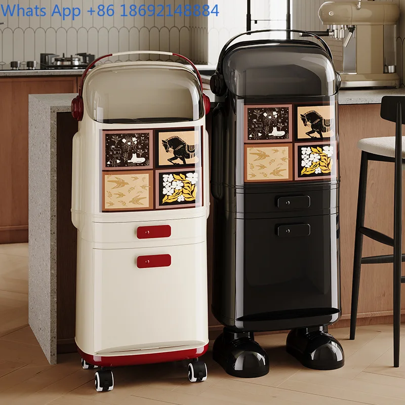 Kitchen Trash Can with Lid Multi Layer Mobile Large Capacity No Bend Garbage Bin for Wet and Dry Waste Separation