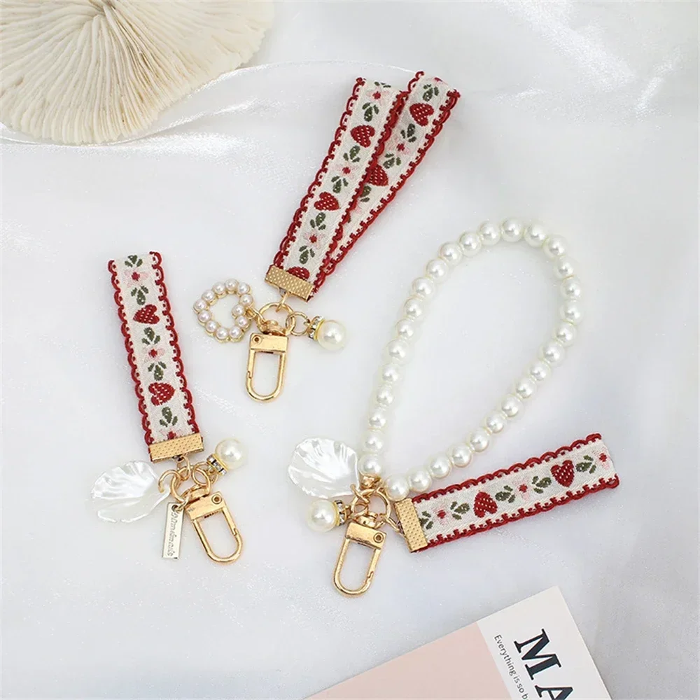 かわいいパールハートキーホルダー甘いイチゴリボンキーホルダー女性ガールハンドバッグ飾りビーズ電話ケースストラップ DIY ギフト