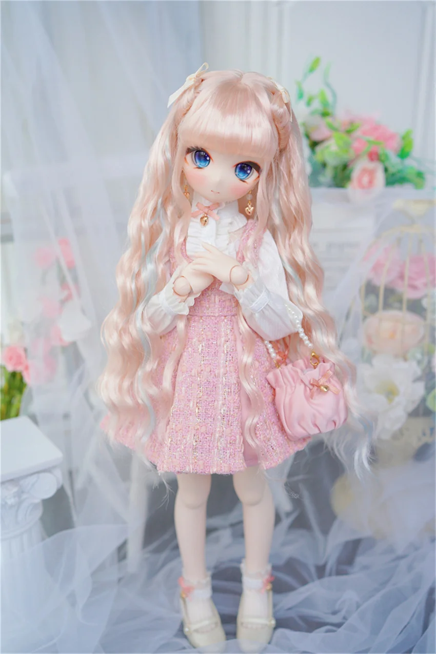 

Парик куклы BJD/DD для девочек, элегантный 1/3 1/4 1/6, игрушка в подарок, бант, мягкий молочный шелк, золотисто-коричневый, длинные волны, вьющиеся волосы, парик, аксессуары для кукол BJD