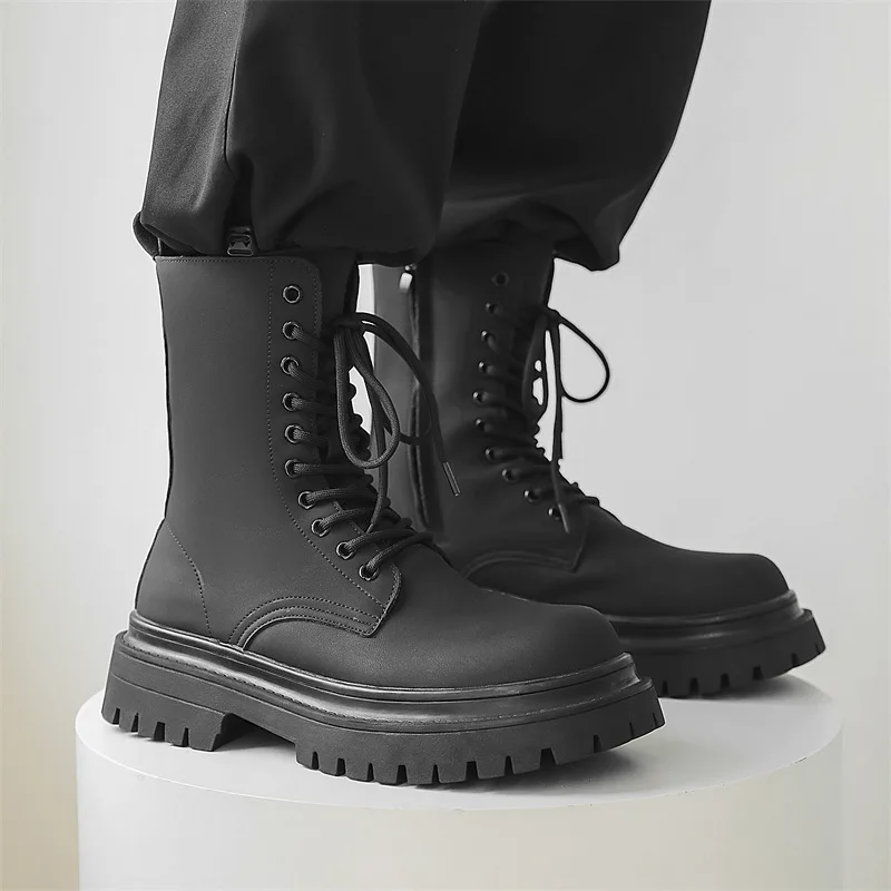 England style mens casual stage nightclub high motorcycle boots lace-up natural leather shoes cowboy platform boot long botas