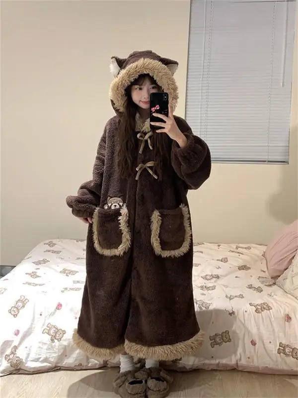 Cute Cartoon Raccoon Hooded Robe Women Winter Thick Coral Fleece Nightgown Warm Loose Long Homewear Loungewear Gift
