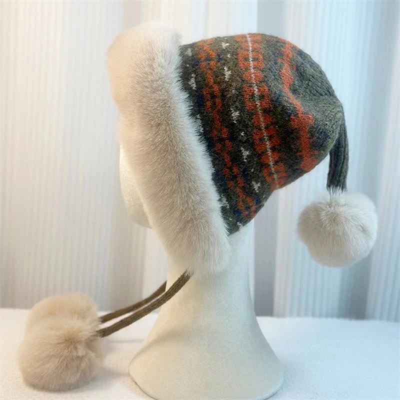 Winter New Warm Thick Bomber Hats Fluffy Knitted Ear Protection Windproof Sking Outdoor Hair Ball Russian Hat Ethnic Style Caps