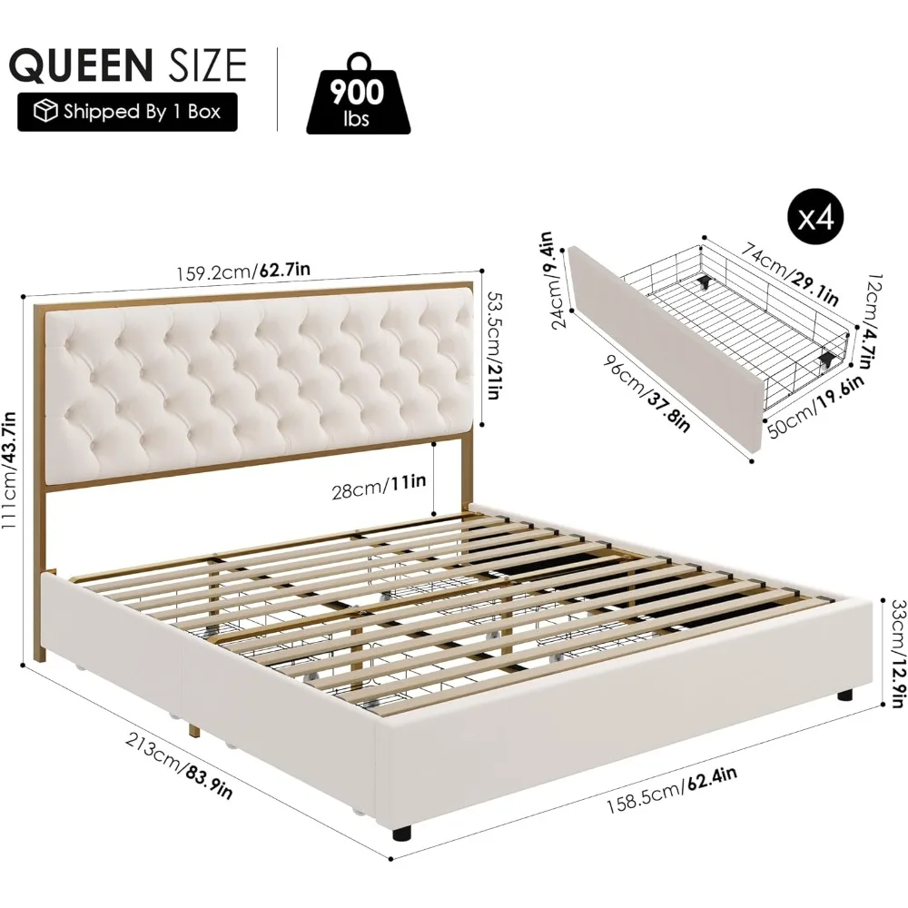 Queen Upholstered Bed Frame with 4 Storage Drawer and Handmade Button Tufted Headboard