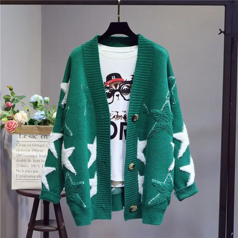 2023 Autumn/Winter New Loose Korean Star Jacquard Color Block Long Sleeve Knitted Cardigan Sweater