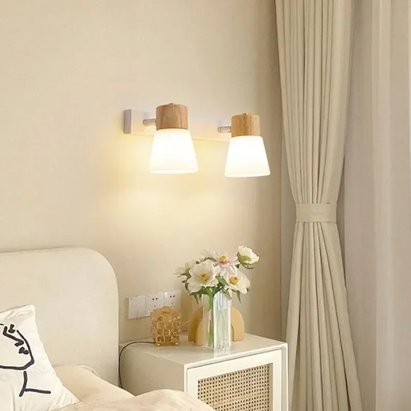 Imagem -04 - Nordic Wooden Led Wall Lamp Cabeça Dupla Leite Vidro Branco Arandela para Quarto Sala de Estar Estudo Sala de Jantar Decoração de Casa