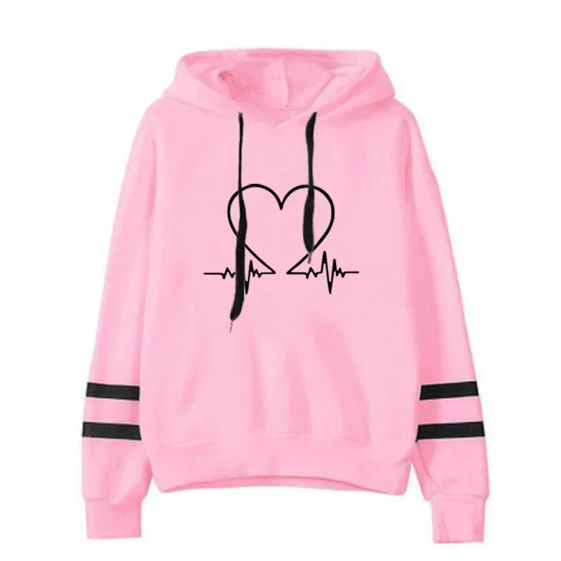 Women Sweatshirt High Quality Hooded Long Sleeve Pullover Heartbeat Printed Autumn Winter Female Home Outdoor Comfort Hoodies