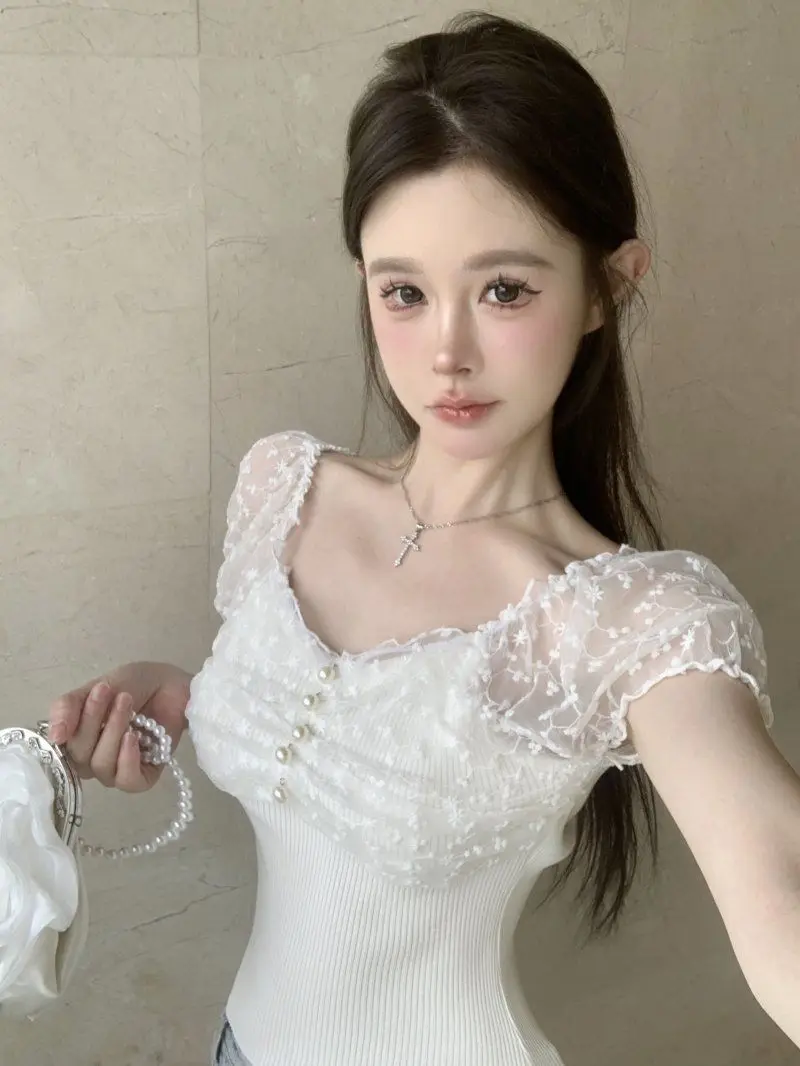 

Summer Off Shoulder Pearl Button Knit Sweater for Hot Girls Sexy Short Cut Top with Lace Patchwork Slim Fit Short Sleeved for Ou