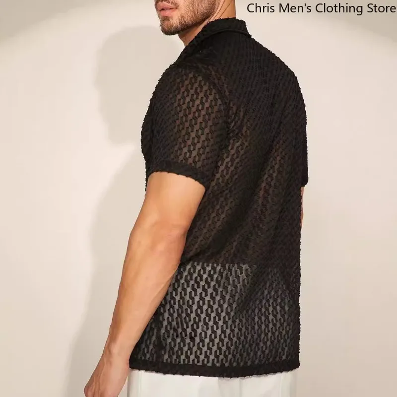 

Summer Relaxed Casual Business Thin Breathable Men's Shirt , [Designer] Men's Fashion Hollow-out Perspective Shirt, Men T-shirt