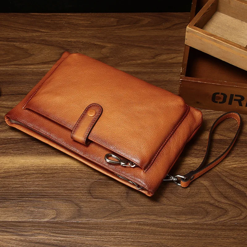 2022 Summer Men's Genuine Leather Clutch Bag Retro Rub Colored Personality Trendy Bags Business Leisure Large-Capacity Handbag