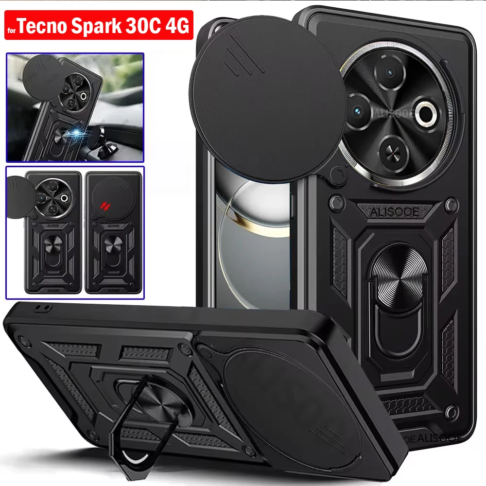 Armor Funda for Tecno Spark 30C 4G (KL5, kl5n) Case Slide Camera Lens Protect Ring Stand Back Cover for Tecno Spark 30C Capa