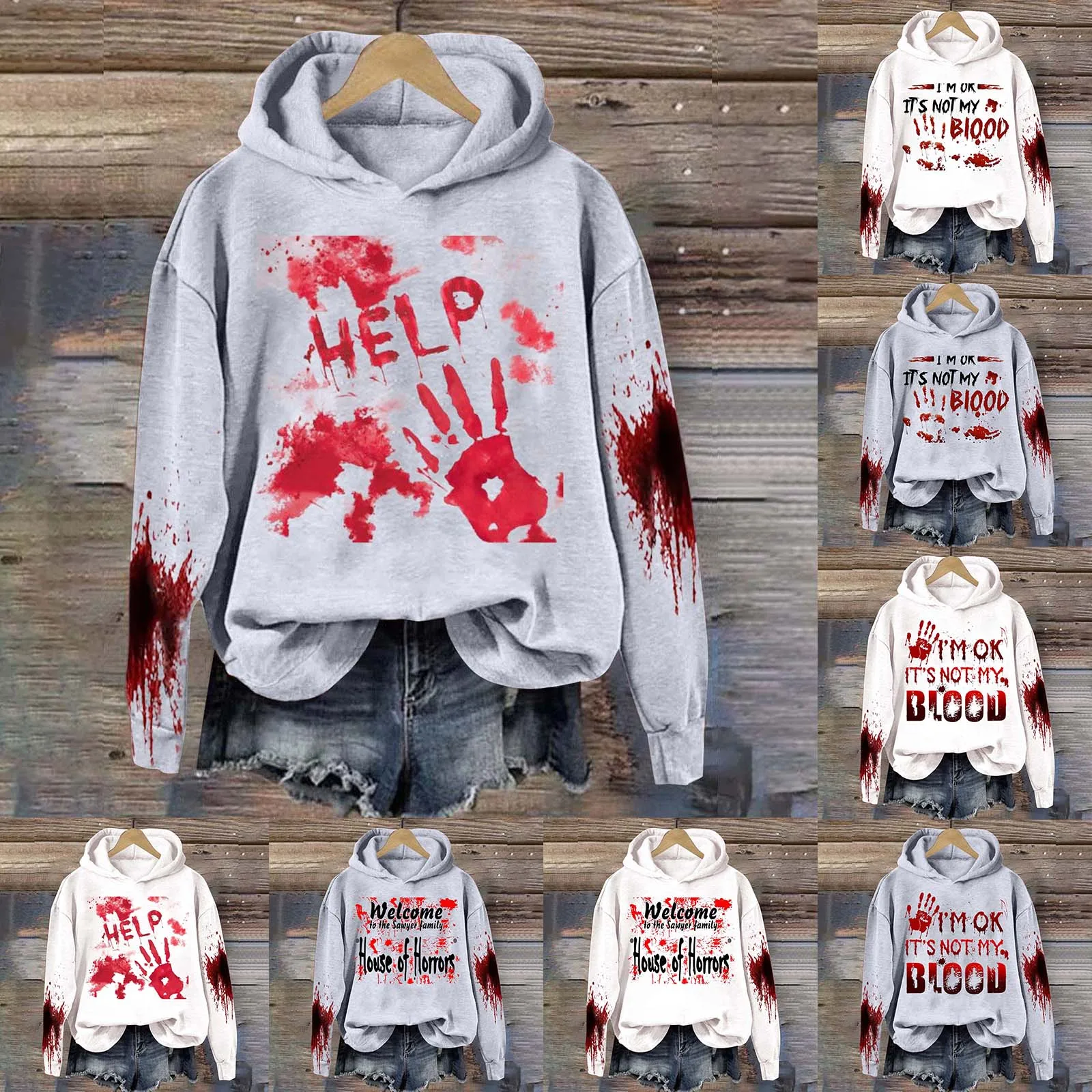 

Women's Halloween Print Bloody Casual Loose Hooded Sweatshirt Hoodie Womens Full Zip