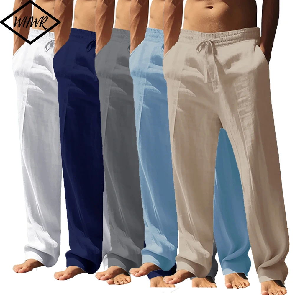 Men's Loose Beach Pants Solid Color Breathable Straight Drawstring Trousers Lightweight Casual Jogging Pants Outdoor Streetwear