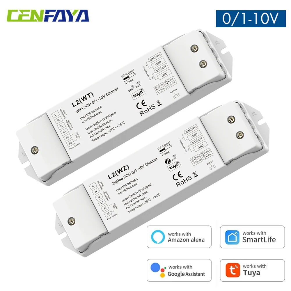 

CENFAYA 2CH 0/1-10V Светодиодный диммер Tuya APP Голосовой переключатель с умным управлением Пош-переключатель с затемнением Плавный режим выцветания Функция воспроизведения музыки