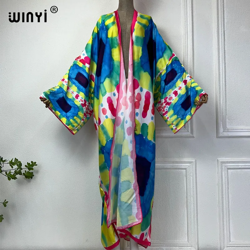 WINYI-Kimono فستان طويل للنساء ، ملابس شاطئ ، تغطية ، سترة أنيقة ، ملابس شاطئ ، معطف مثير ، طباعة صبغة ربطة عنق ، صيف ، جديد