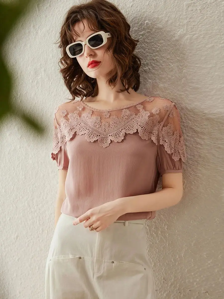 LOUIS YAO Women Shirt 2024 Spring New Lace Blouses Round Neck Short Sleeve Loose Fit Casual Fashionable Elegant Women\'s Top