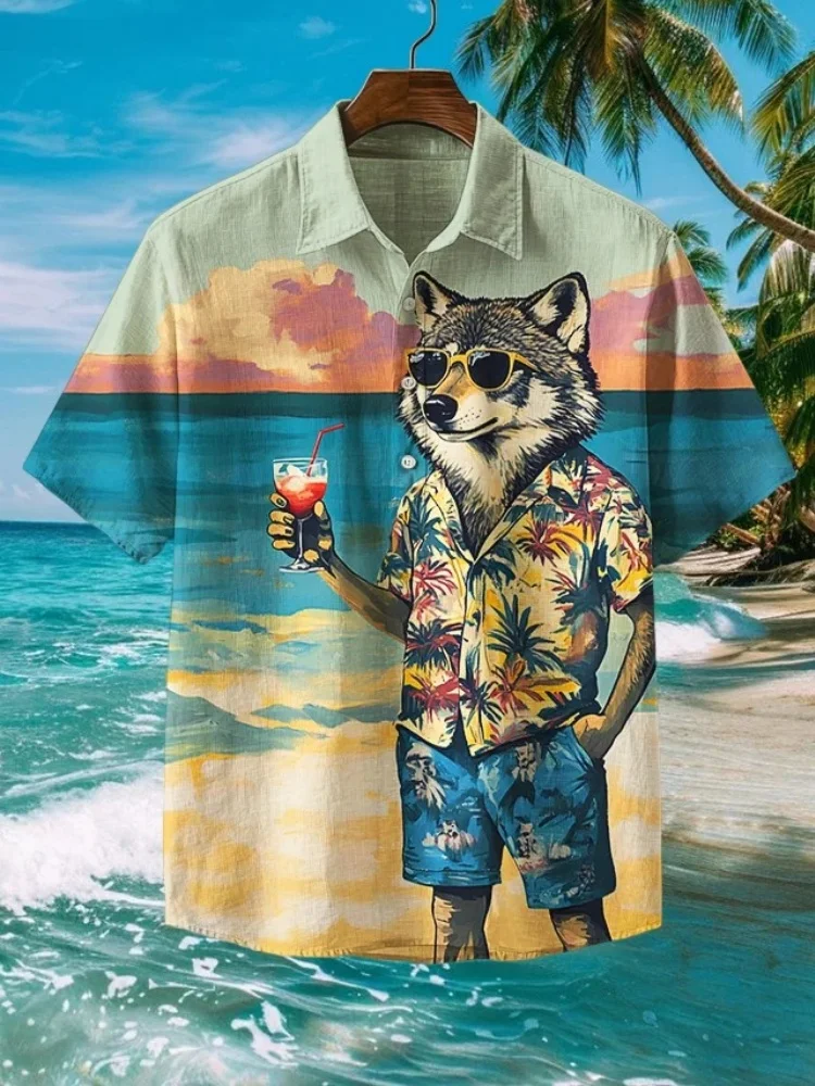 

Мужская одежда, винтажная летняя рубашка с воротником с лацканами 2024, повседневная свободная рубашка в стиле ретро с вовком на отпусках в Гавайях, рубашка с коротким рукавом с принтом