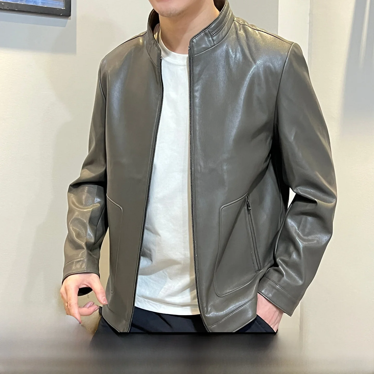 

Men's Biker Jaet PU Soft Elastic Casual Stand Collar Autumn Winter Faionable Versatile Motorcycle Jaet Easy Care Polyester