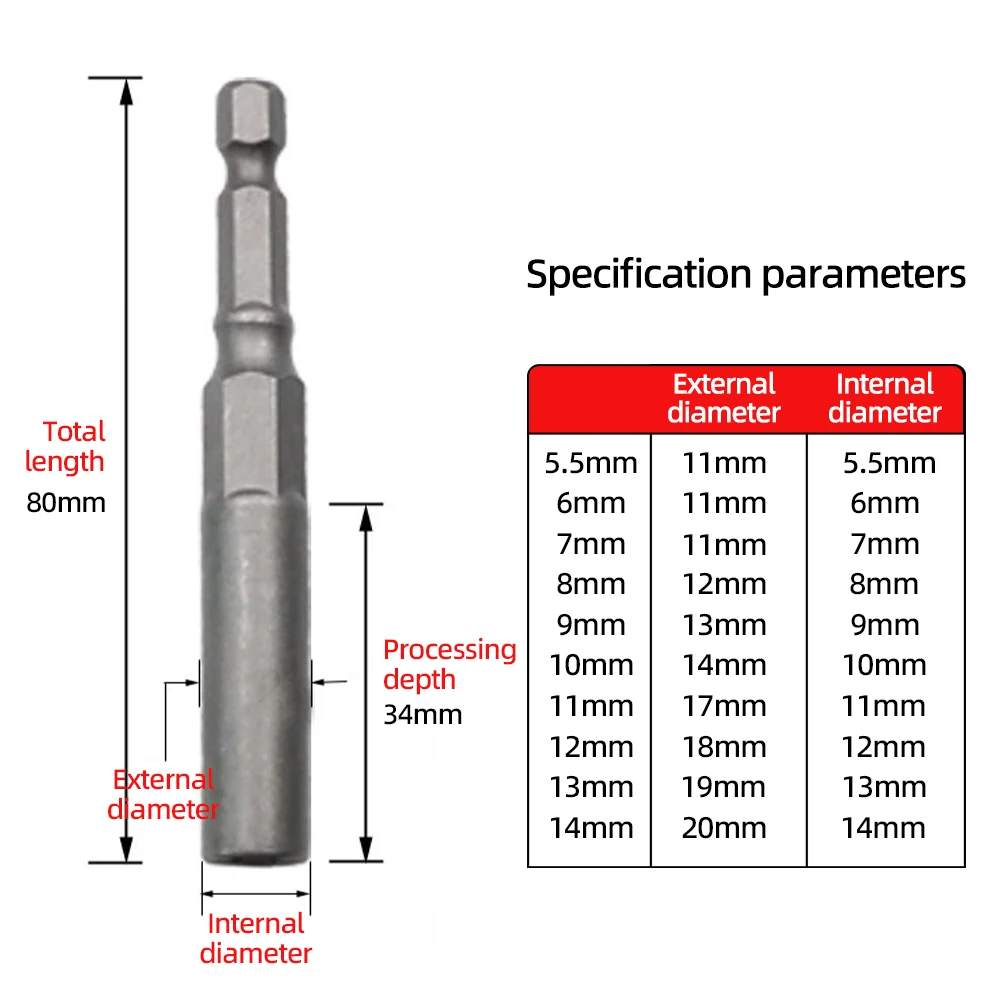 10Pcs Hex Socket Sleeve Nozzles Nut Driver Set Power Screwdriver Handle Tools Pneumatic Bits Insert Drills Impact 5.5mm-14mm