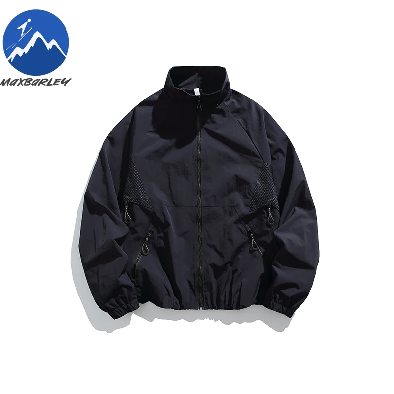 Maxbarley Men Jacket Outdoor Trekking Mesh Patchwork Breathable Stand Collar Jacket Men Autumn Loose Waterproof Durable Garment