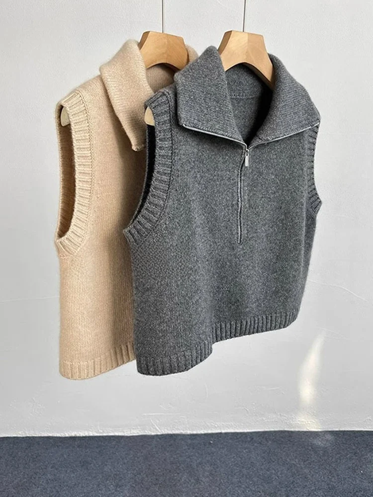 

Вязаный свитер Camere с дизайном на молнии, удобный женский жилет без рукавов, небный многослойный повседневный топ, чистый цвет