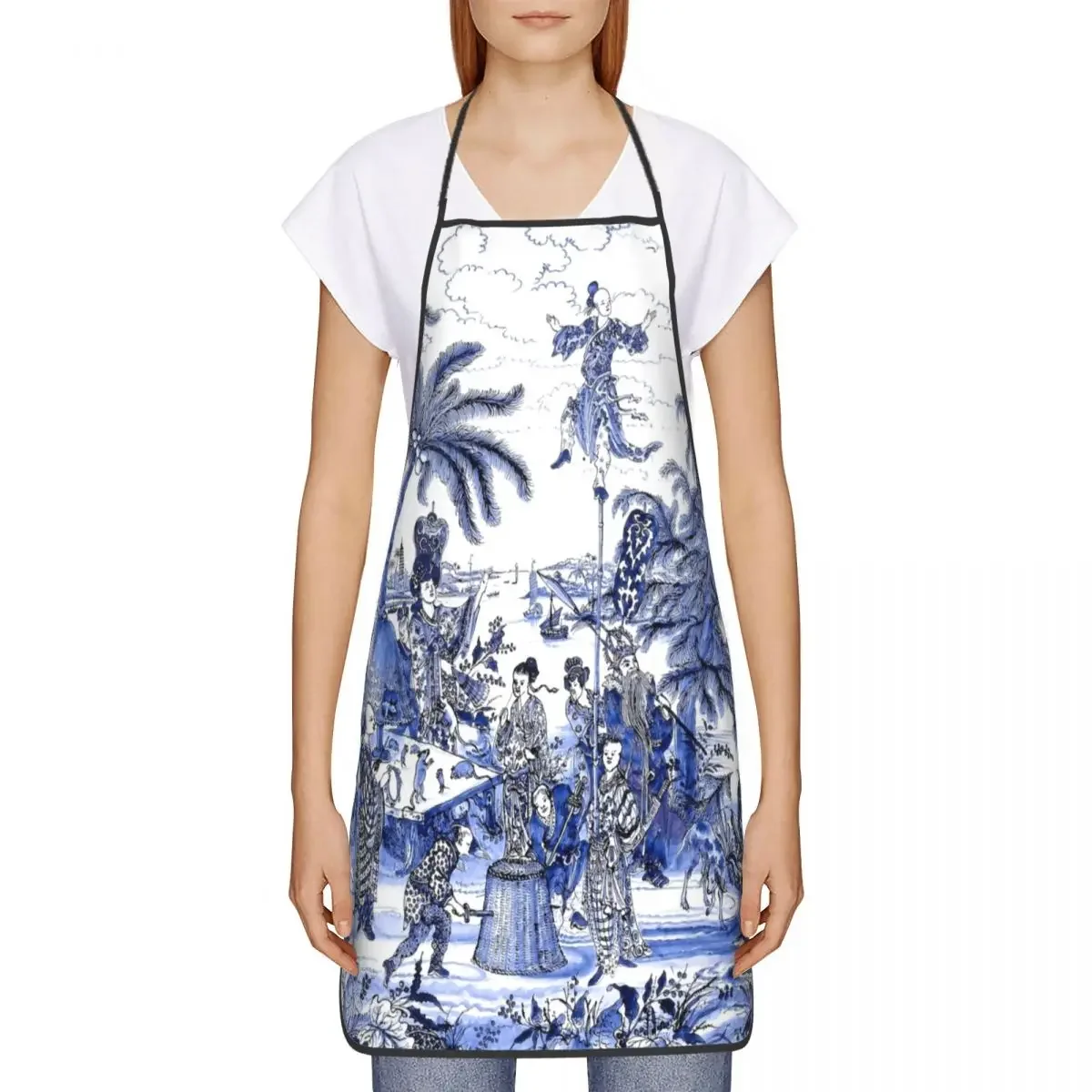 Bib Chinoiserie Blue Landscape Apron Men Women Unisex Adult Chef Cooking Kitchen Blue Delft Chinese Willow Tablier Cuisine