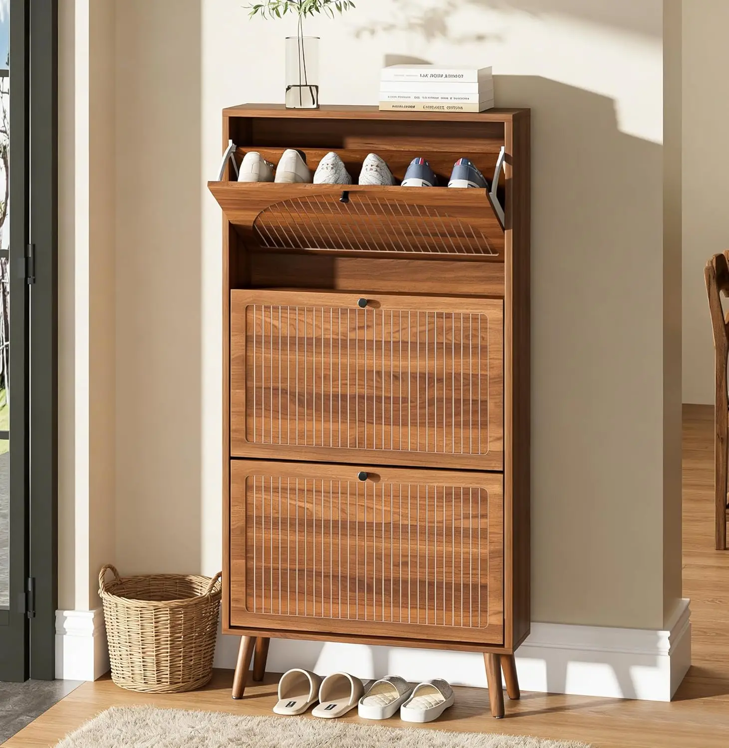 

3-Drawer Flip Shoe Cabinet Walnut Wood Entryway Hallway 23.6"W Hidden Storage, Customized