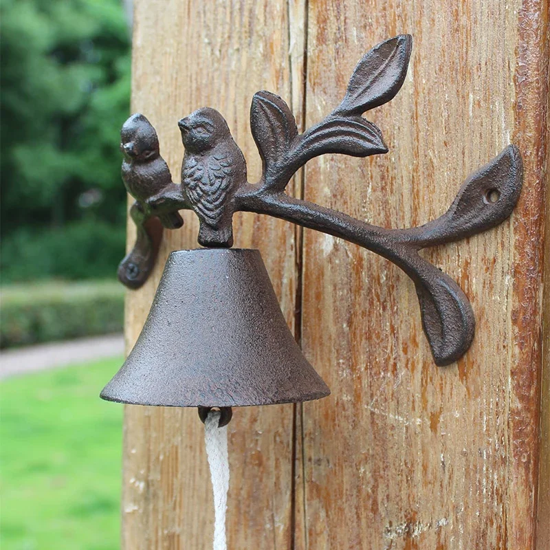 European Antique Rustic Couple Birds On Arc Shape Leaves Branch Heavy Cast Iron Hand Cranking Wall Mounted Welcome Door Bell